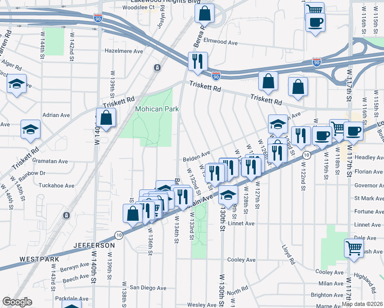 map of restaurants, bars, coffee shops, grocery stores, and more near 3347 West 131st Street in Cleveland