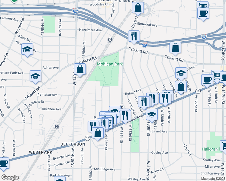 map of restaurants, bars, coffee shops, grocery stores, and more near 3355 West 135th Street in Cleveland