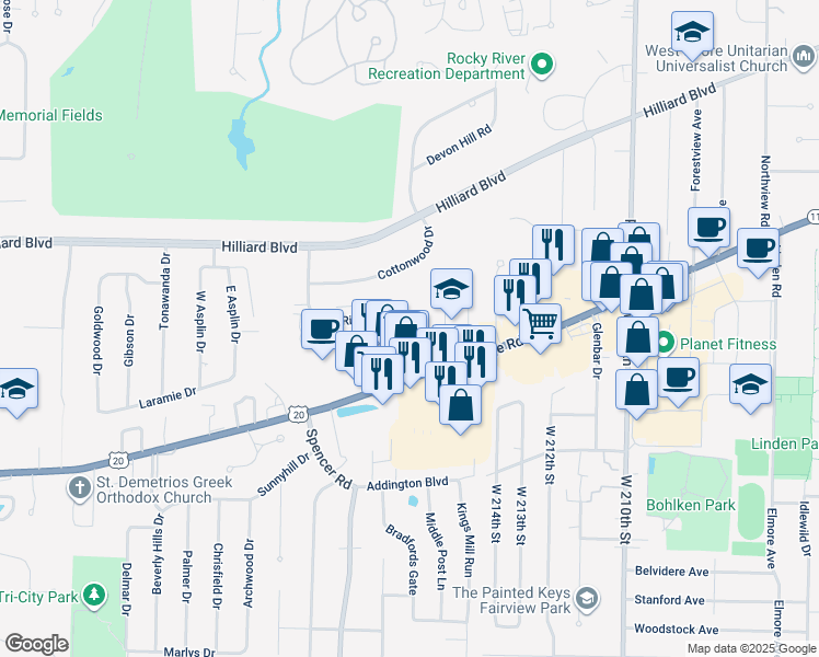 map of restaurants, bars, coffee shops, grocery stores, and more near 21872 River Oaks Drive in Rocky River