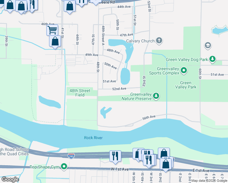 map of restaurants, bars, coffee shops, grocery stores, and more near 5003 52nd Avenue in Moline
