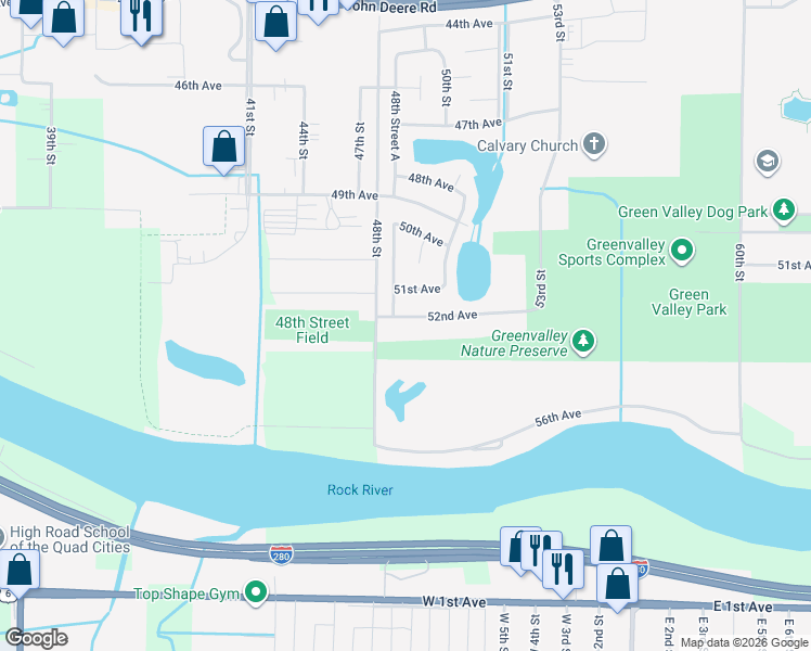 map of restaurants, bars, coffee shops, grocery stores, and more near 4814 51st Avenue in Moline