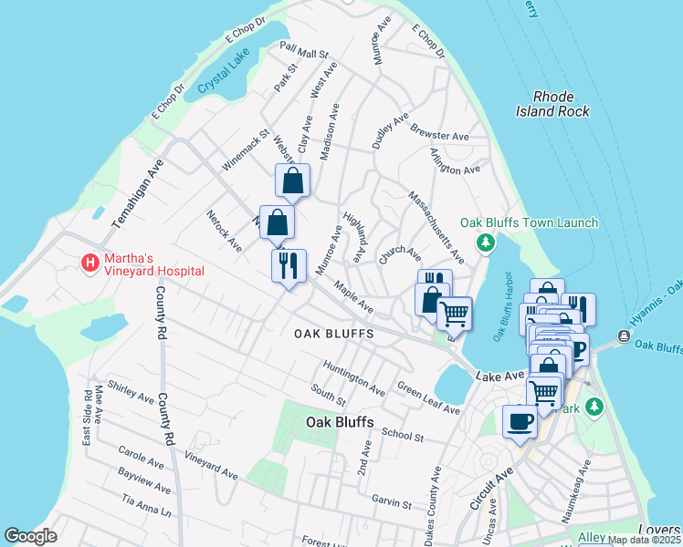 map of restaurants, bars, coffee shops, grocery stores, and more near 12 Elmwood Avenue in Oak Bluffs
