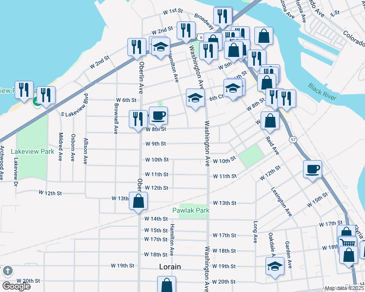 map of restaurants, bars, coffee shops, grocery stores, and more near 1045 West 9th Street in Lorain