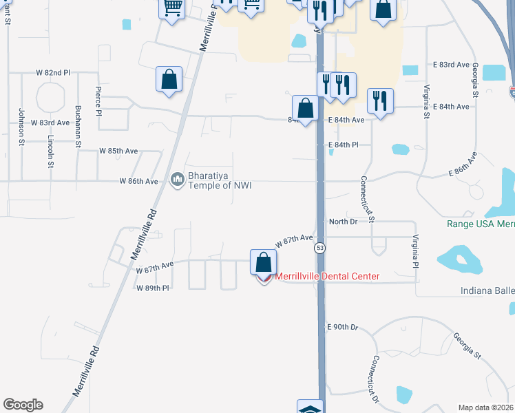 map of restaurants, bars, coffee shops, grocery stores, and more near 8690 Broadway in Merrillville