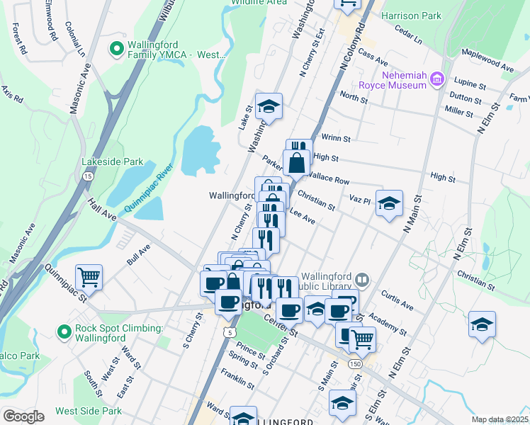 map of restaurants, bars, coffee shops, grocery stores, and more near 280 North Colony Street in Wallingford