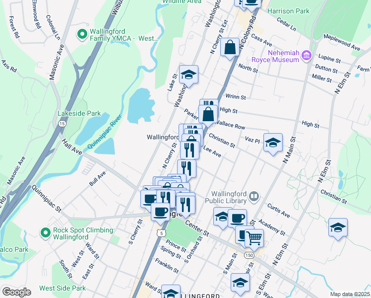 map of restaurants, bars, coffee shops, grocery stores, and more near 178 North Cherry Street in Wallingford
