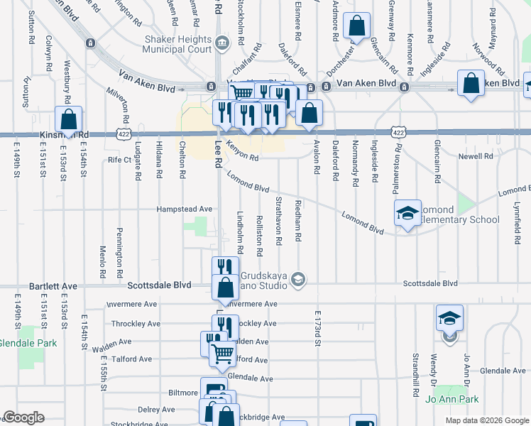 map of restaurants, bars, coffee shops, grocery stores, and more near 16808 Lomond Boulevard in Shaker Heights
