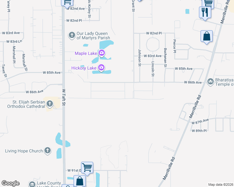 map of restaurants, bars, coffee shops, grocery stores, and more near 1706 West 86th Lane in Merrillville