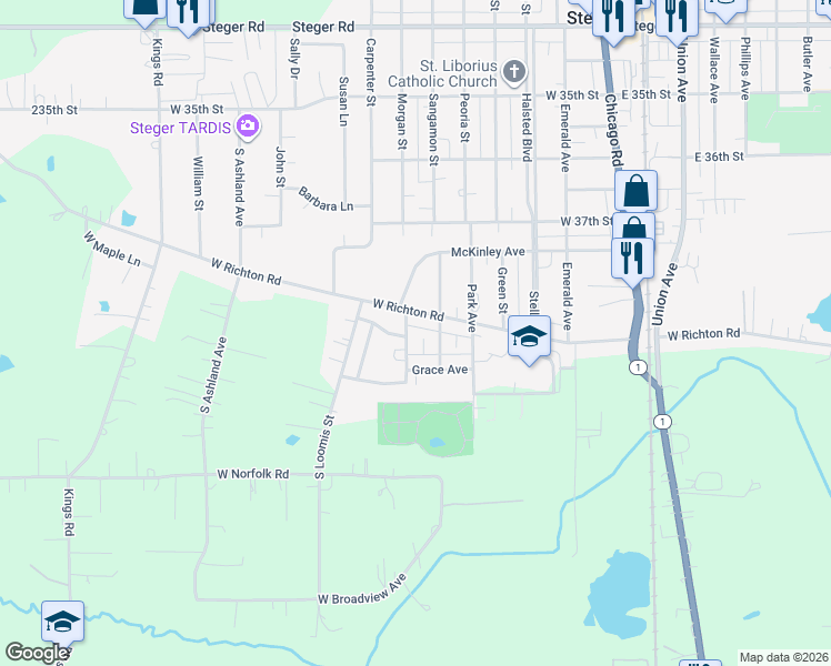 map of restaurants, bars, coffee shops, grocery stores, and more near 3761 Crescent Drive in Steger