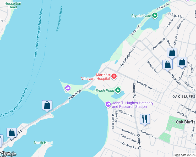 map of restaurants, bars, coffee shops, grocery stores, and more near 21 Beach Road in Oak Bluffs