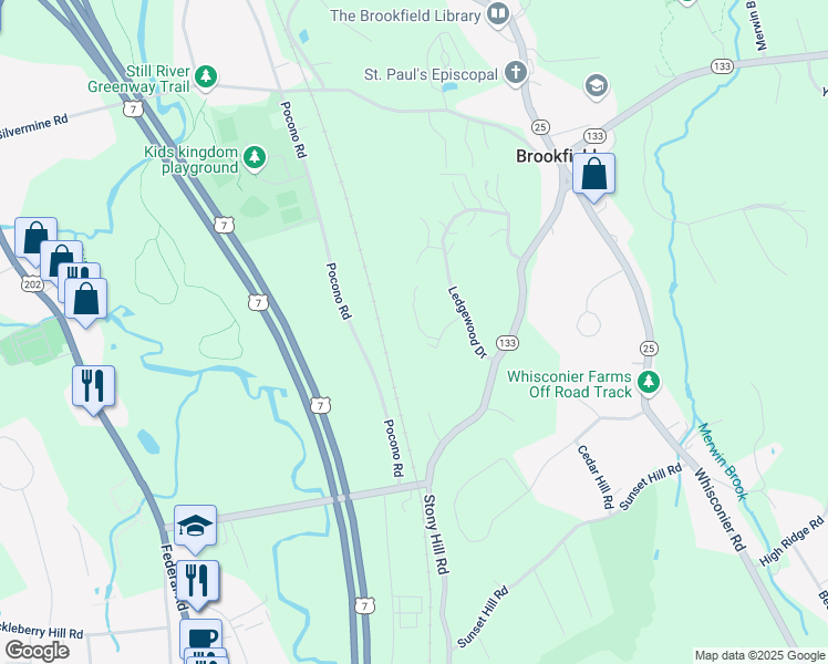 map of restaurants, bars, coffee shops, grocery stores, and more near 12 Westview Lane in Brookfield