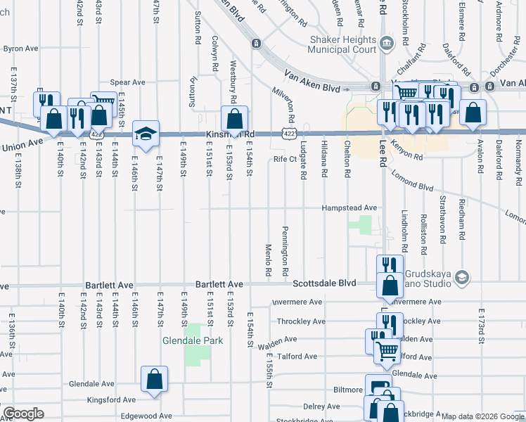 map of restaurants, bars, coffee shops, grocery stores, and more near 3605 East 154th Street in Cleveland