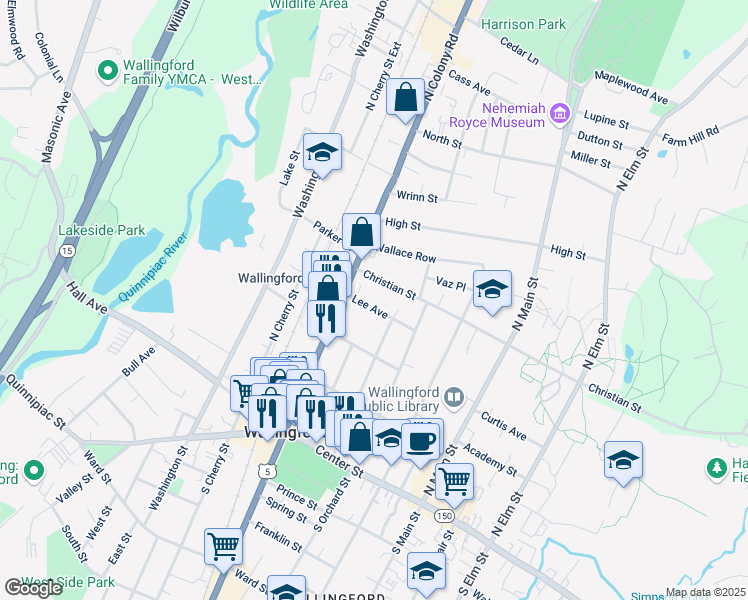 map of restaurants, bars, coffee shops, grocery stores, and more near 15 Christian Street in Wallingford