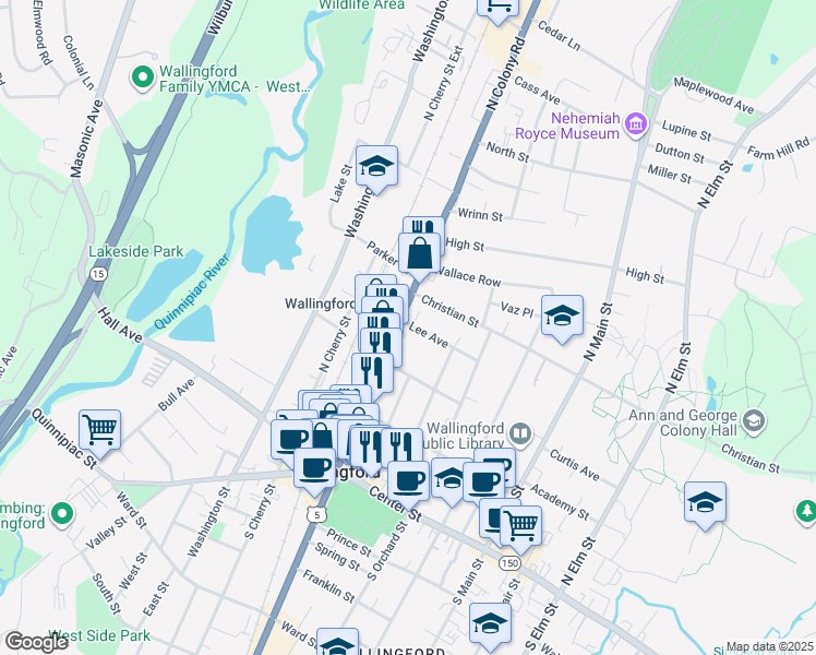 map of restaurants, bars, coffee shops, grocery stores, and more near 280 North Colony Street in Wallingford