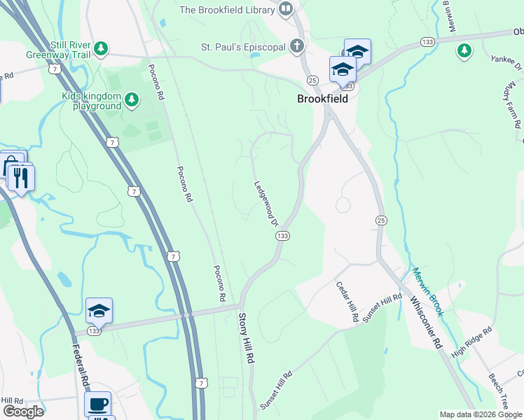 map of restaurants, bars, coffee shops, grocery stores, and more near 22 Ledgewood Drive in Brookfield