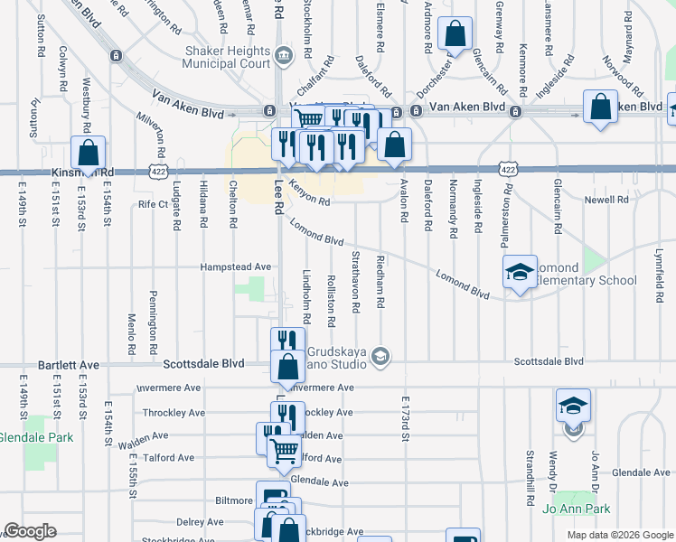 map of restaurants, bars, coffee shops, grocery stores, and more near 16808 Lomond Boulevard in Shaker Heights