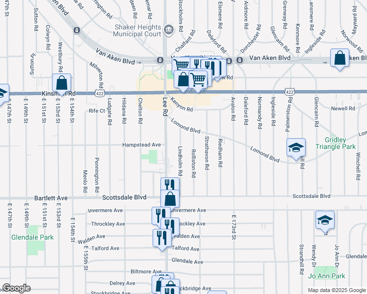 map of restaurants, bars, coffee shops, grocery stores, and more near 3602 Lindholm Road in Shaker Heights