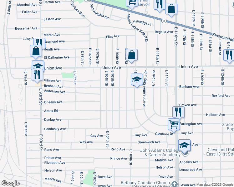 map of restaurants, bars, coffee shops, grocery stores, and more near 3569 East 106th Street in Cleveland