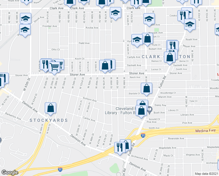map of restaurants, bars, coffee shops, grocery stores, and more near 3412 West 46th Street in Cleveland