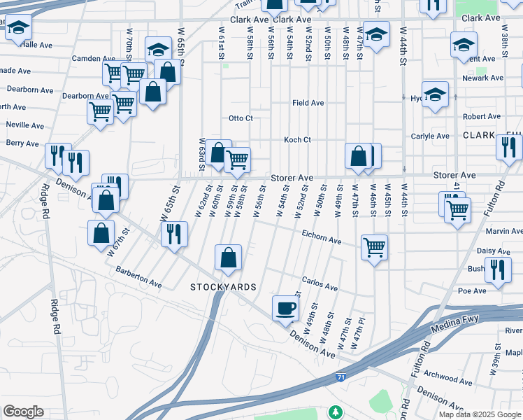 map of restaurants, bars, coffee shops, grocery stores, and more near 3414 West 54th Street in Cleveland