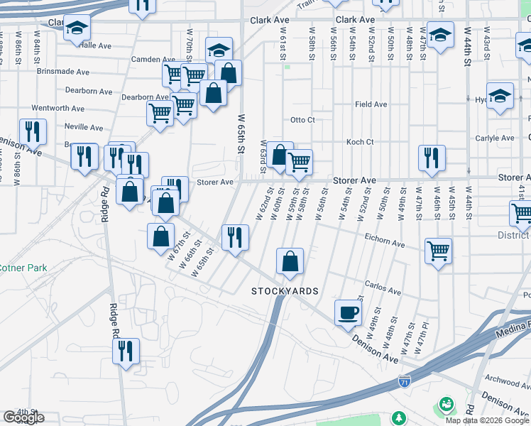 map of restaurants, bars, coffee shops, grocery stores, and more near 3416 West 62nd Street in Cleveland