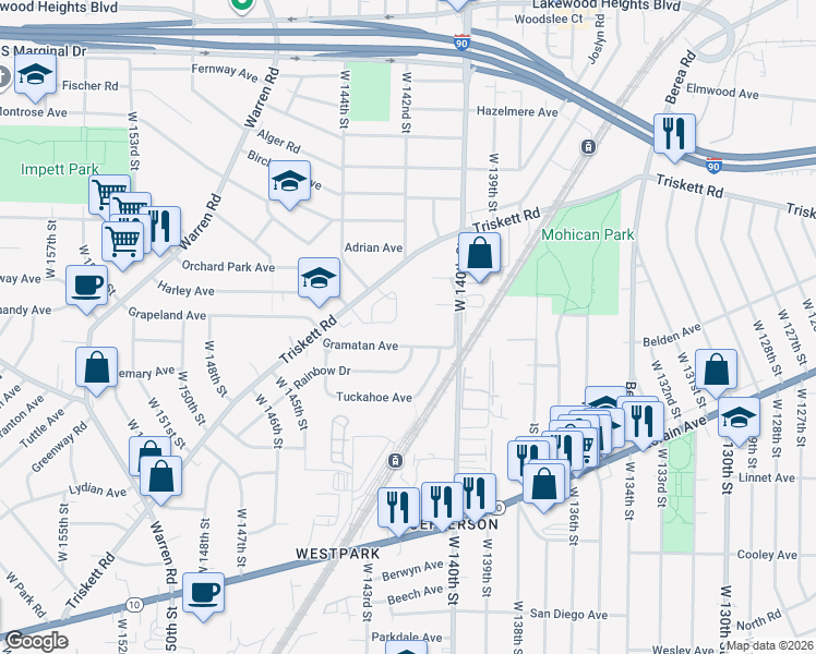map of restaurants, bars, coffee shops, grocery stores, and more near 14403 Triskett Road in Cleveland
