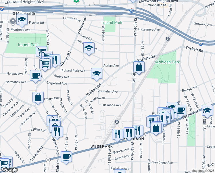 map of restaurants, bars, coffee shops, grocery stores, and more near 14411 Rainbow Avenue in Cleveland