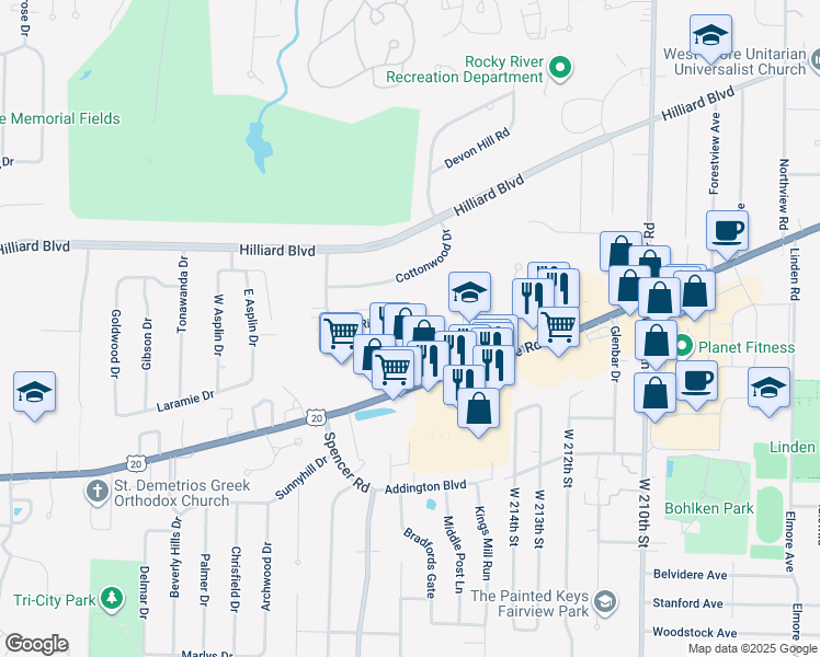 map of restaurants, bars, coffee shops, grocery stores, and more near 21994 River Oaks Drive in Rocky River