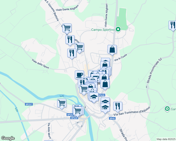 map of restaurants, bars, coffee shops, grocery stores, and more near Via San Giovanni Battista in Pontecorvo