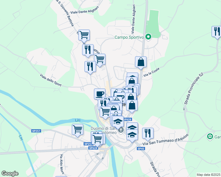 map of restaurants, bars, coffee shops, grocery stores, and more near Via San Giovanni Battista in Pontecorvo