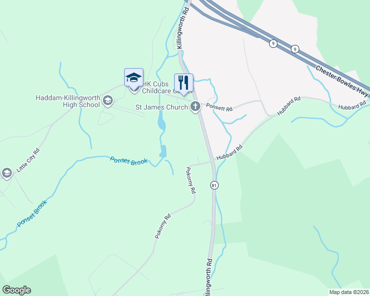 map of restaurants, bars, coffee shops, grocery stores, and more near 23 Pokorny Road in Haddam