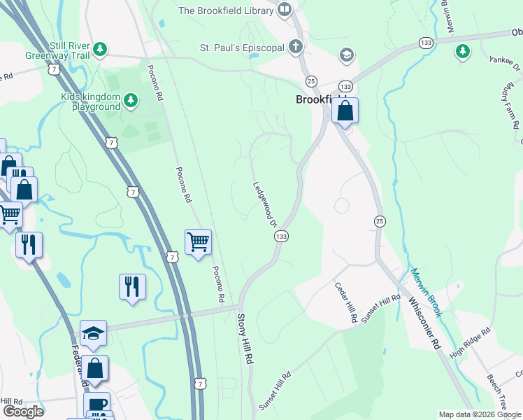 map of restaurants, bars, coffee shops, grocery stores, and more near 22 Ledgewood Drive in Brookfield