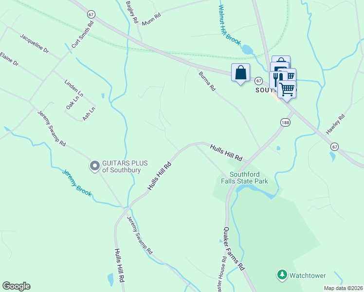 map of restaurants, bars, coffee shops, grocery stores, and more near 164 Hulls Hill Road in Southbury
