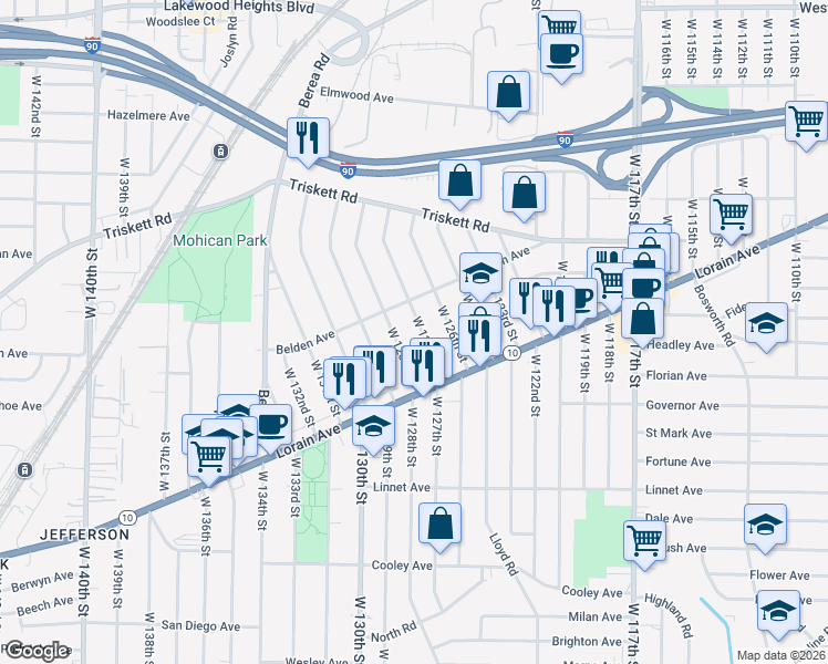 map of restaurants, bars, coffee shops, grocery stores, and more near 3353 West 127th Street in Cleveland