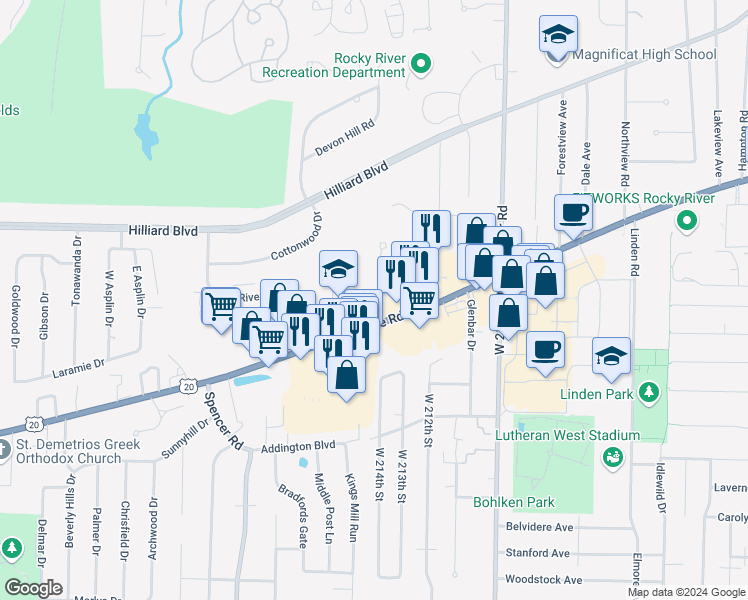 map of restaurants, bars, coffee shops, grocery stores, and more near 2940 Pease Drive in Rocky River