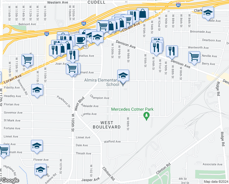 map of restaurants, bars, coffee shops, grocery stores, and more near 3397 West 100th Street in Cleveland