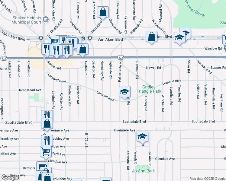 map of restaurants, bars, coffee shops, grocery stores, and more near 3625 Ingleside Road in Shaker Heights