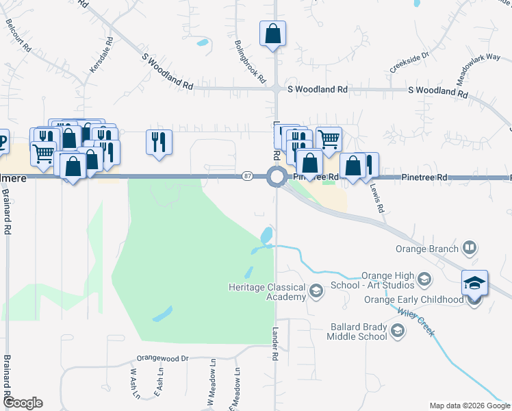 map of restaurants, bars, coffee shops, grocery stores, and more near Beechmont Drive in Pepper Pike