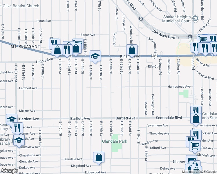 map of restaurants, bars, coffee shops, grocery stores, and more near 3602 East 149th Street in Cleveland