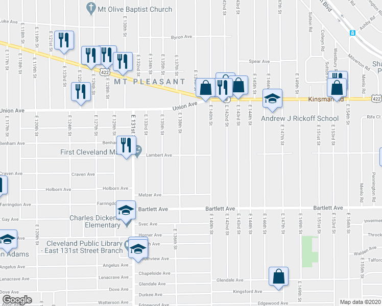 map of restaurants, bars, coffee shops, grocery stores, and more near 3590 East 139th Street in Cleveland