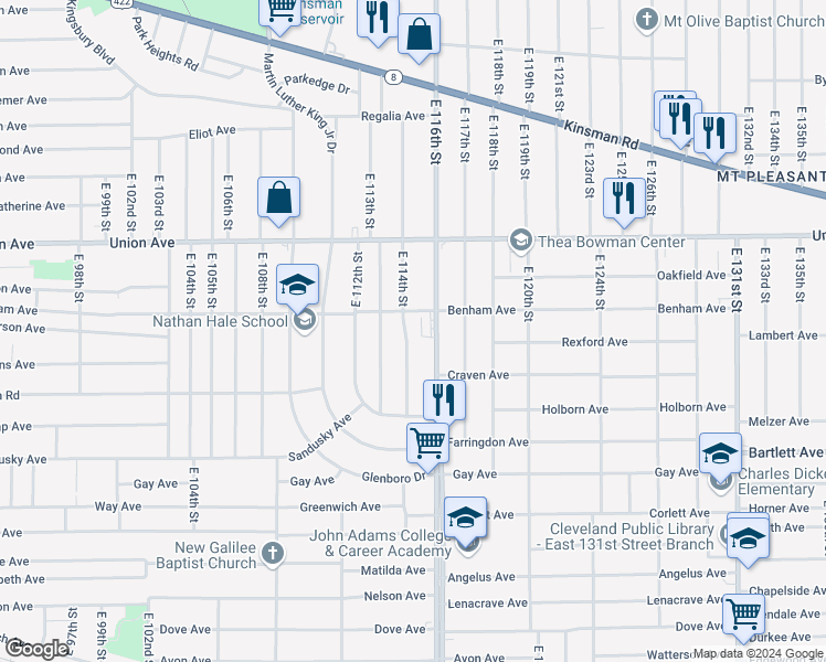 map of restaurants, bars, coffee shops, grocery stores, and more near 3578 East 114th Street in Cleveland