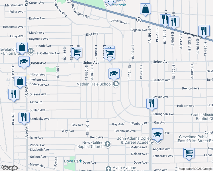 map of restaurants, bars, coffee shops, grocery stores, and more near 3568 East 110th Street in Cleveland