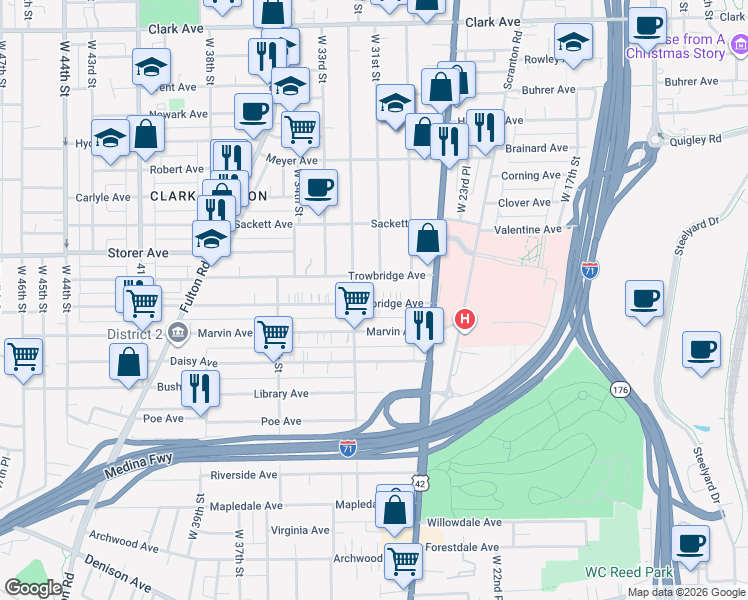 map of restaurants, bars, coffee shops, grocery stores, and more near 3121 Trowbridge Avenue in Cleveland