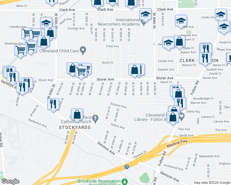 map of restaurants, bars, coffee shops, grocery stores, and more near 3414 West 50th Street in Cleveland