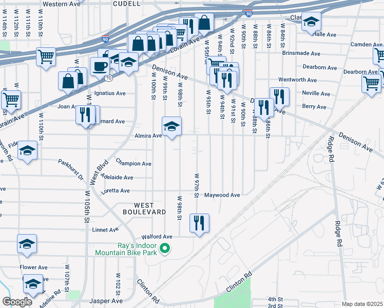 map of restaurants, bars, coffee shops, grocery stores, and more near 3402 West 97th Street in Cleveland