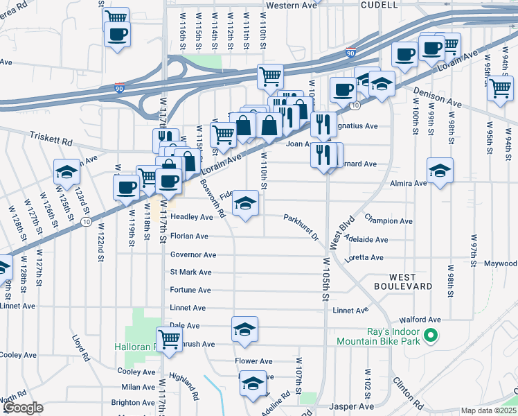 map of restaurants, bars, coffee shops, grocery stores, and more near 11017 Fidelity Avenue in Cleveland