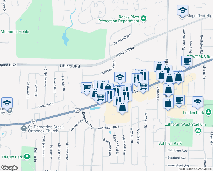 map of restaurants, bars, coffee shops, grocery stores, and more near 21872 River Oaks Drive in Rocky River
