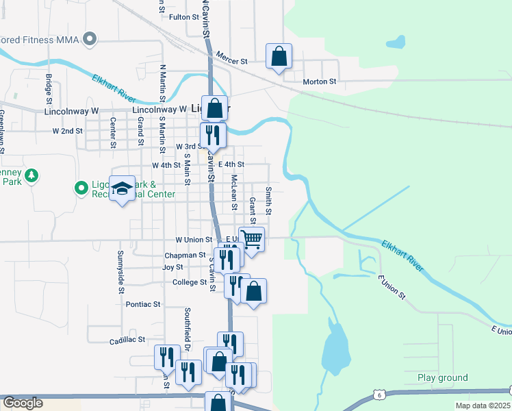 map of restaurants, bars, coffee shops, grocery stores, and more near 205 E 6th St in Ligonier