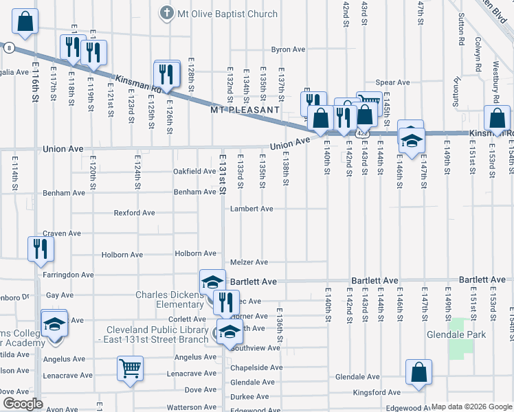 map of restaurants, bars, coffee shops, grocery stores, and more near 3581 East 133rd Street in Cleveland