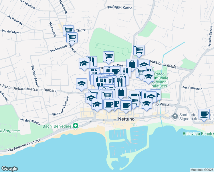 map of restaurants, bars, coffee shops, grocery stores, and more near 49B Via in Arcione in Nettuno